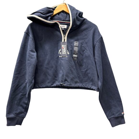 Tommy Hilfiger Hoodie Womens Large Blue 1/2 Zip Cropped Pullover Tommy Jeans NEW - Picture 1 of 10